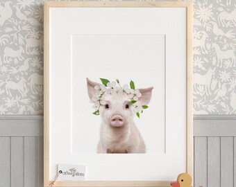 Pig with flower crown PRINTABLE, Girls nursery wall art, Baby animal prints, The Crown Prints Flower crown animals, Cute animal art TCP29_
