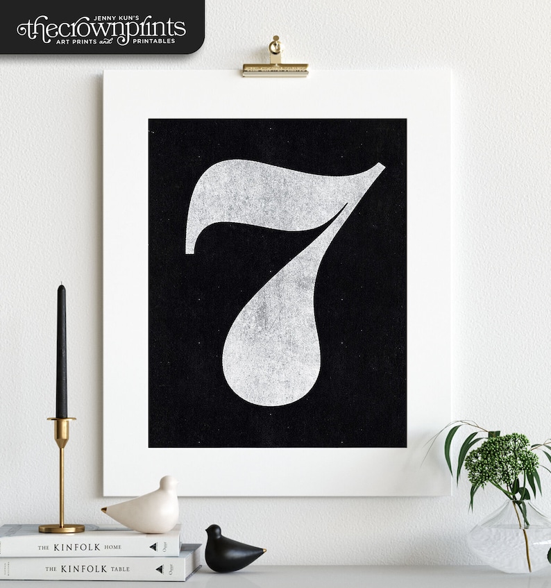 Number Seven 7 PRINTABLE art, Black and white wall art, Modern decor, Scandinavian style, Typography prints, The Crown Prints by Jenny Kun image 3