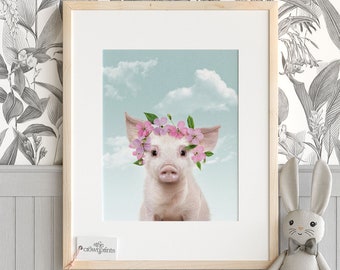 Boho nursery decor, PRINTABLE ART, Pig with flower crown, Girls nursery wall art, Baby animal prints, Flower crown animals, Cute animal art