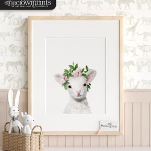 Girls nursery decor, Lamb print, PRINTABLE art, Flower crown, Girls room art, Animals with flowers, Baby animal prints, Nursery animal art image 1