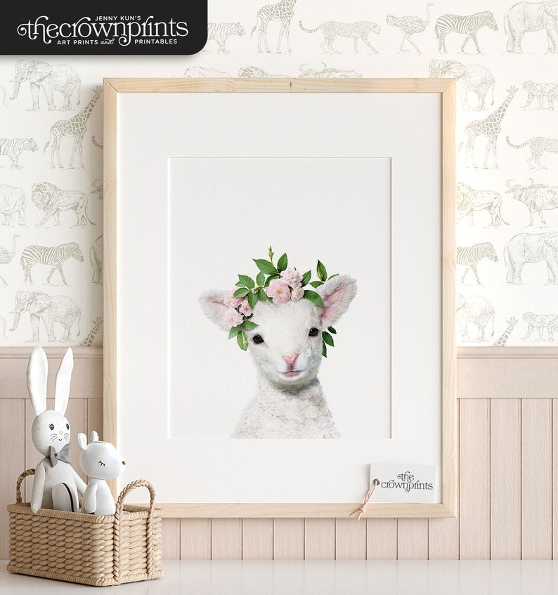 Girls nursery decor, Lamb print, PRINTABLE art, Flower crown, Girls room art, Animals with flowers, Baby animal prints, Nursery animal art image 1