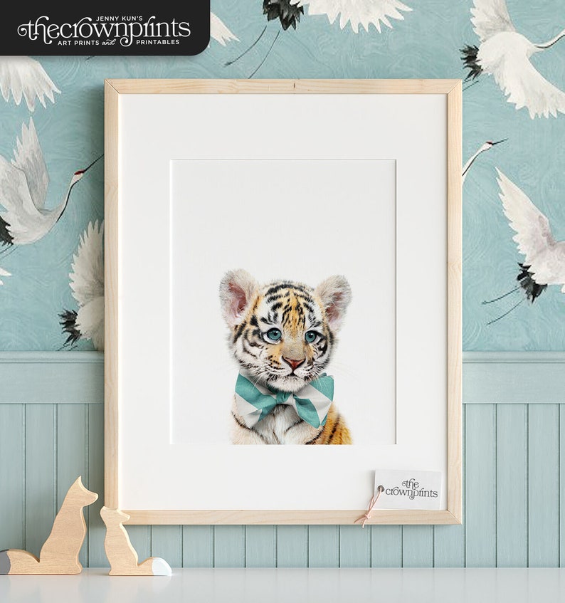 Tiger print Nursery animal PRINTABLES with bowties by The Crown Prints, Baby room wall art, Baby animal prints for nursery, Bow ties image 1