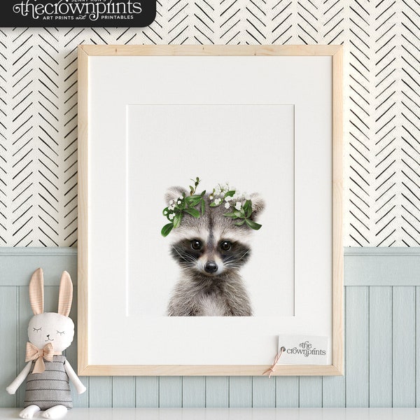 Baby raccoon print, Flower crown, PRINTABLE decor, Forest animals, Woodland nursery, Girls room decor, Woodland baby shower, TCP21_