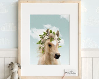 Baby horse with flower crown & blue sky, PRINTABLE ART, Girls room decor, Boho nursery animal prints, Animals with flowers artwork TCP16_