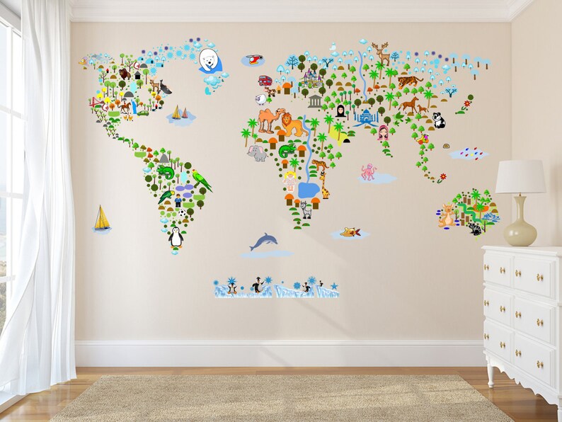 cultural world map wall decal reusable vinyl fabric | etsy