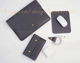 Name Monogram 16 Macbook Pro Laptop Sleeve 13inch for Macbook Pro Air M2 13 Macbook Cover with Charger Bag PU Leather ONE SET Dark Grey