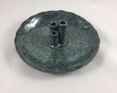 Ceramic Flower Vase, 3 Tube Bud Vase, Hand Built Pottery, Handmade, Appetizer dish with toothpick holder, Blue Green Vase, Housewarming gift