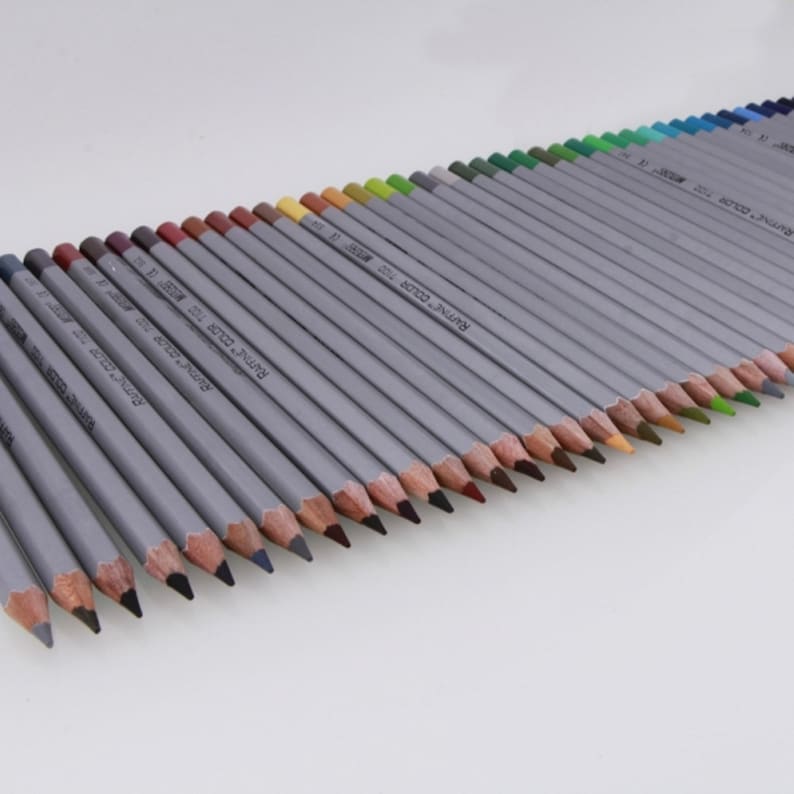 May include: A set of 48 colored pencils with a silver barrel and a wood casing. The pencils are arranged in a row, with the tips facing the viewer. The pencils are labeled with the brand name "RAINBOW COLOR" and a number.