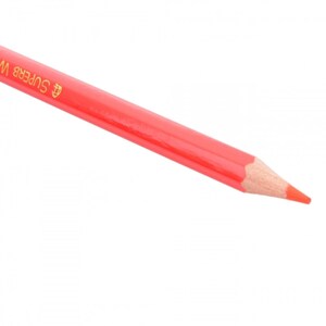 May include: A close-up of a red colored pencil with the text "SUPERB W" printed in gold on the side.