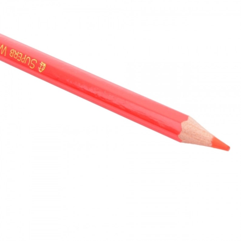 May include: A close-up of a red colored pencil with the text "SUPERB W" printed in gold on the side.