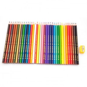 May include: A set of 30 colored pencils with a yellow pencil sharpener. The pencils are arranged in a row, with the sharpener at the end. The pencils are all different colors, including red, blue, green, yellow, orange, purple, brown, and black.