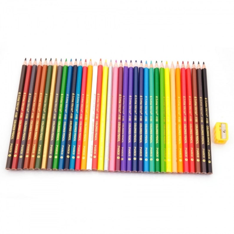 May include: A set of 30 colored pencils with a yellow pencil sharpener. The pencils are arranged in a row, with the sharpener at the end. The pencils are all different colors, including red, blue, green, yellow, orange, purple, brown, and black.
