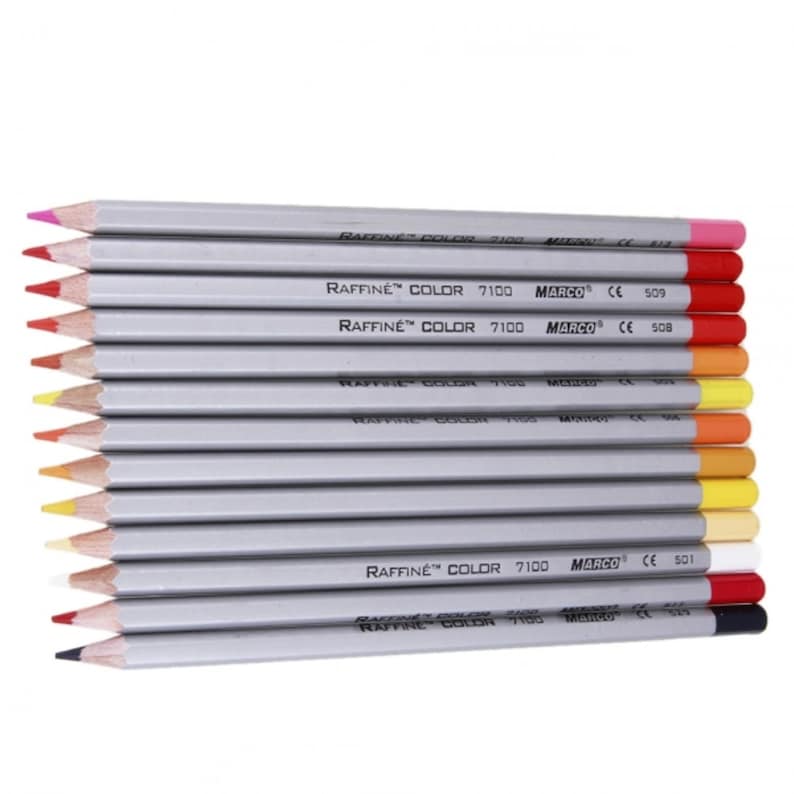 May include: A set of 12 colored pencils with silver barrels. The pencils are arranged in a row, with the colored ends facing the viewer. The pencils are labeled with the text "RAFFINE&trade; COLOR 7100 MARCO CE".