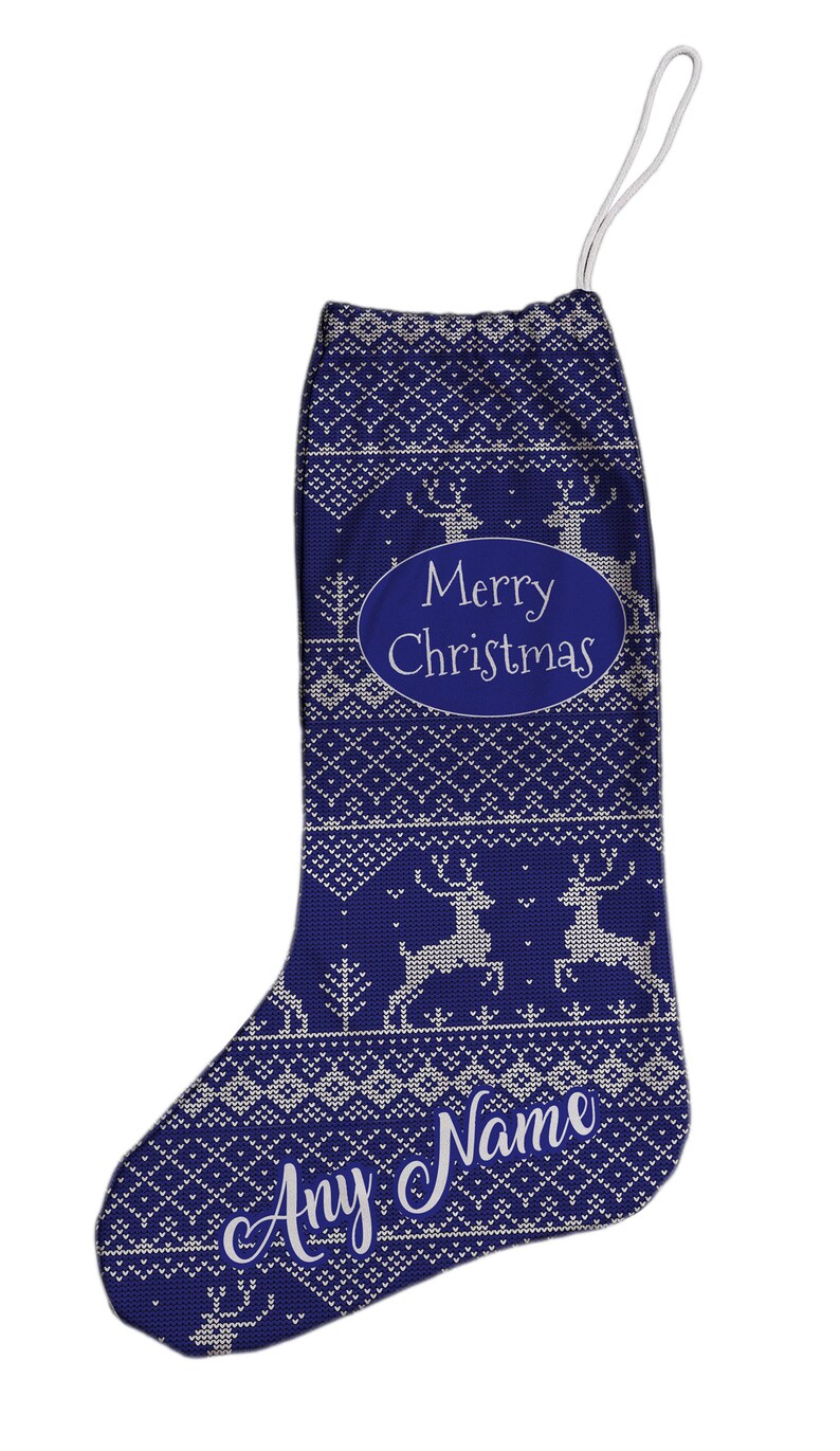 Personalised Merry Christmas Blue Fair Isle Design Christmas Stocking 27 x 14 Gift Present