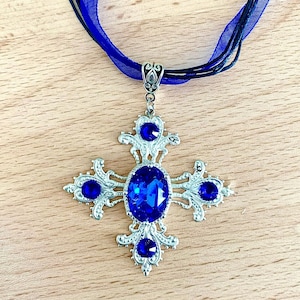 Baroque cross necklace, Maltese cross in silver plate and blue Swarovski crystal, stainless steel chain