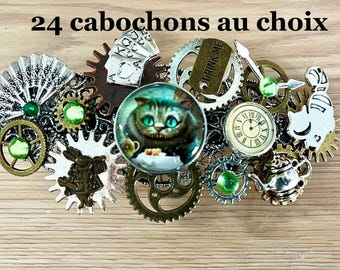24 cabochons to choose from! Steampunk "Alice in Wonderland" barrette with metal cogs, charms and Swarovski rhinestones