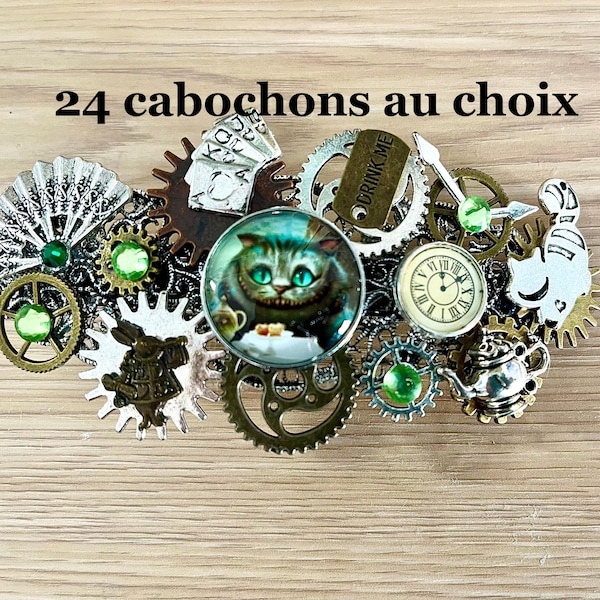 24 Cabochons zur Auswahl! Steampunk-Haarspange „Alice im Wunderland“ mit Metallzahnrädern, Anhängern und Swarovski-Strasssteinen