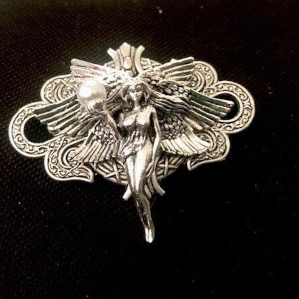 Art Nouveau brooch with silver angel, pearly white pearl