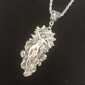 Art nouveau nymph pendant, art nouveau goddess in silver plated brass