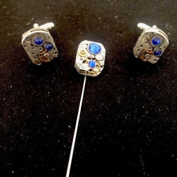 Fathers Day ! Cufflinks and tie pin, watch movement with or without crystal, men's gift