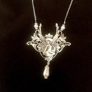 Silver art nouveau necklace, art nouveau elf, necklace with fairy image 1