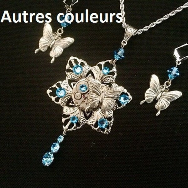 Parure papillon avec véritable mécanisme de montre et strass en cristal Swarovski