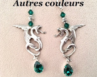 Boucles d'oreilles gothiques dragons argent et cristal Swarovski vert émeraude, dormeuses argent 925