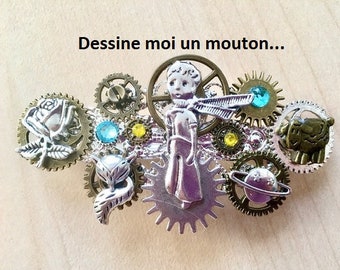Steampunk hairclip "The Little Prince" with metal cogs, charms and Swarovski rhinestones