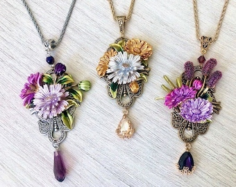 Flower necklace in email and crystal, flower necklace, flower jewelry