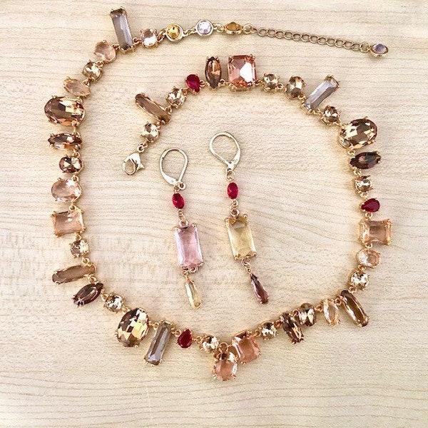 Parure cristal avec collier ras de cou en cristal autrichien multicolore, tons café, rose, jaune