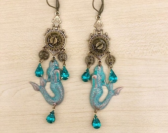 Longues Boucles d'oreilles steampunk Sirènes vert de gris et cristal turquoise