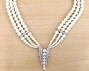 Collier de perles 3 rangs et cristal, collier mariage, ras du cou perles