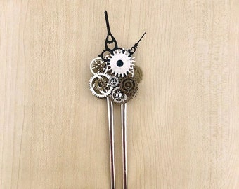 Large steampunk hair stick with clock cogs and hands