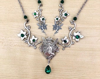 Parure art nouveau, elfe art nouveau et feuilles de lierre, parure elfique vert et argent