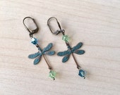 Golden Dragonflies Earrings with sapphire blue Swarovski crystal, gold Plated Sleepers