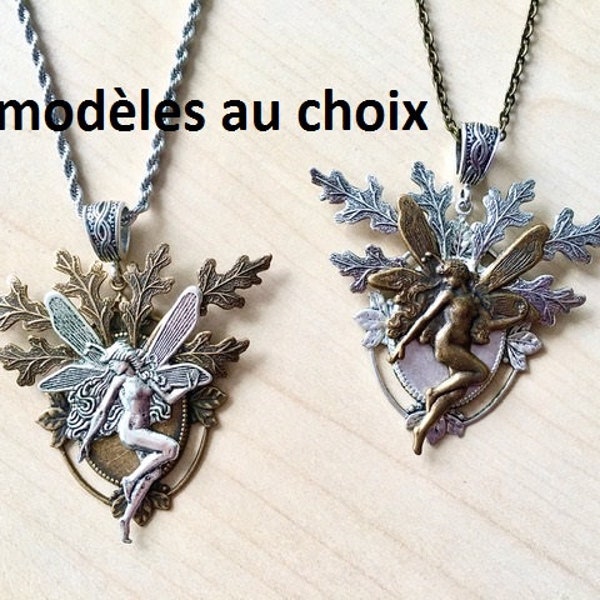 Collier de fée ou elfe, argent ou bronze, feuillage, médaillon