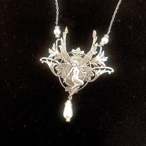 Silver art nouveau necklace, art nouveau elf, necklace with fairy Collier (necklace)