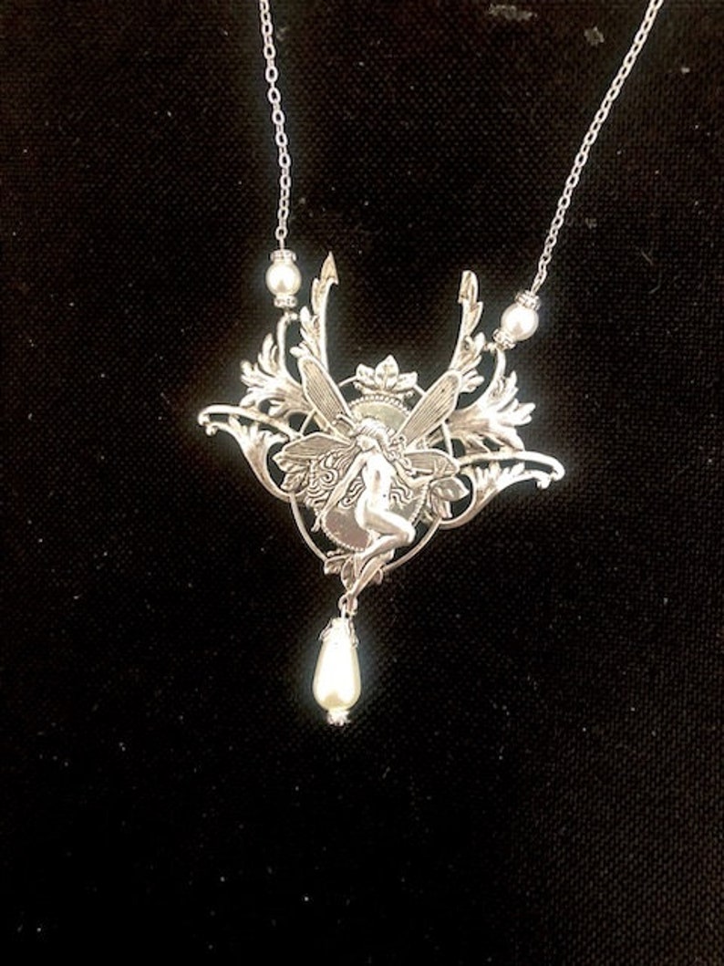 Silver art nouveau necklace, art nouveau elf, necklace with fairy Collier (necklace)