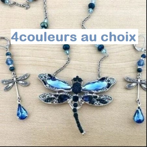 Ensemble ou séparément, parure art nouveau libellule bleue, libellule émaillée et perles de cristal Swarovski