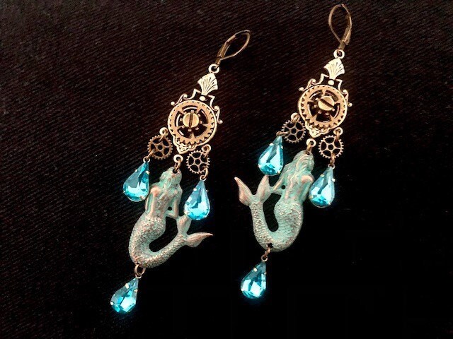 Long Steampunk Mermaid Earrings in Verdigris and Turquoise 