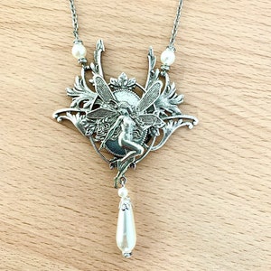 Art Nouveau silver necklace, Art Nouveau elf, necklace with fairy