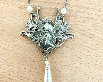 Jugendstil Silberkette, Jugendstil Elfe, Kette mit Fee