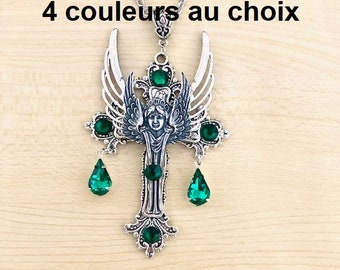 Sautoir Art nouveau ange gardien, collier croix avec cristal champagne