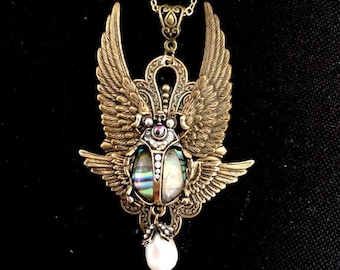 Neo Egyptian Scarab necklace, Victorian Gothic necklace with beetle and bronze wings