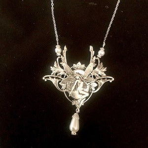 Silver art nouveau necklace, art nouveau elf, necklace with fairy image 4