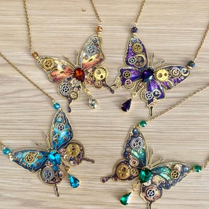 Steampunk butterfly and crystal pendant, 4 colors available, gold butterfly
