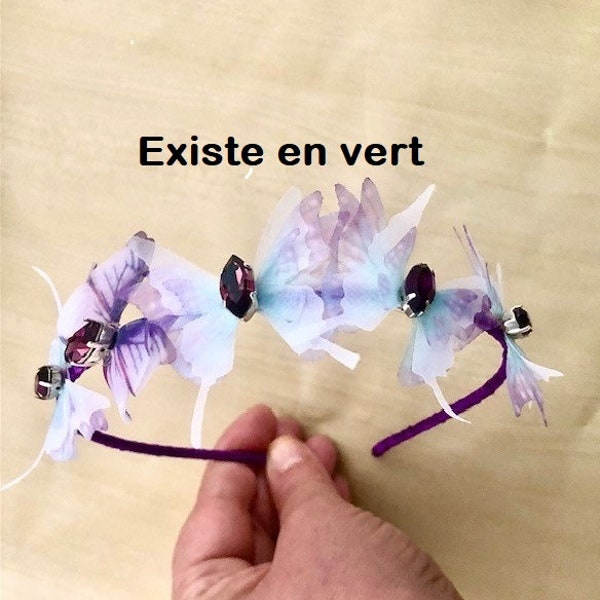 Serre-tête papillons soie, headband papillons en soie et strass de cristal Swarovski