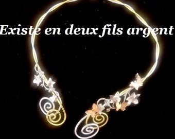 Collier ouvert papillons et feuilles de lierre, tour de cou en fil d'aluminium et branches de lierre plaquées argent