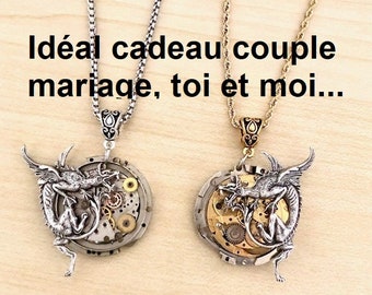 Ensemble ou séparément, pendentif steampunk avec mouvement de montre doré ou argent, dragon, cadeau couple