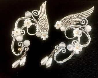 Silver elven ear cuffs, for non-pierced ears, with wings, flowers and pearls